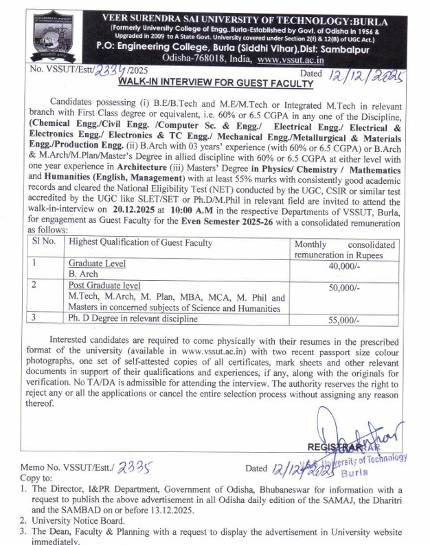 VSSUT Burla Guest Faculty Recruitment