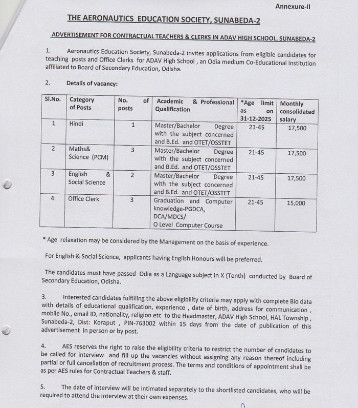 AES Sunabeda Recruitment