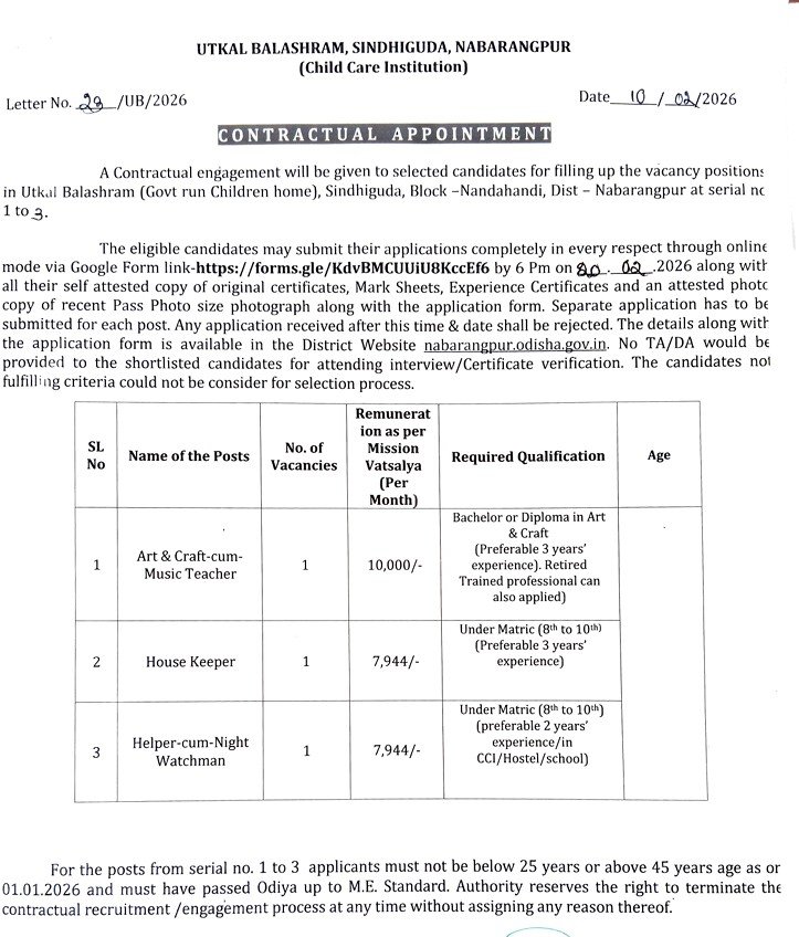 Utkal Balashram Sindhiguda Recruitment