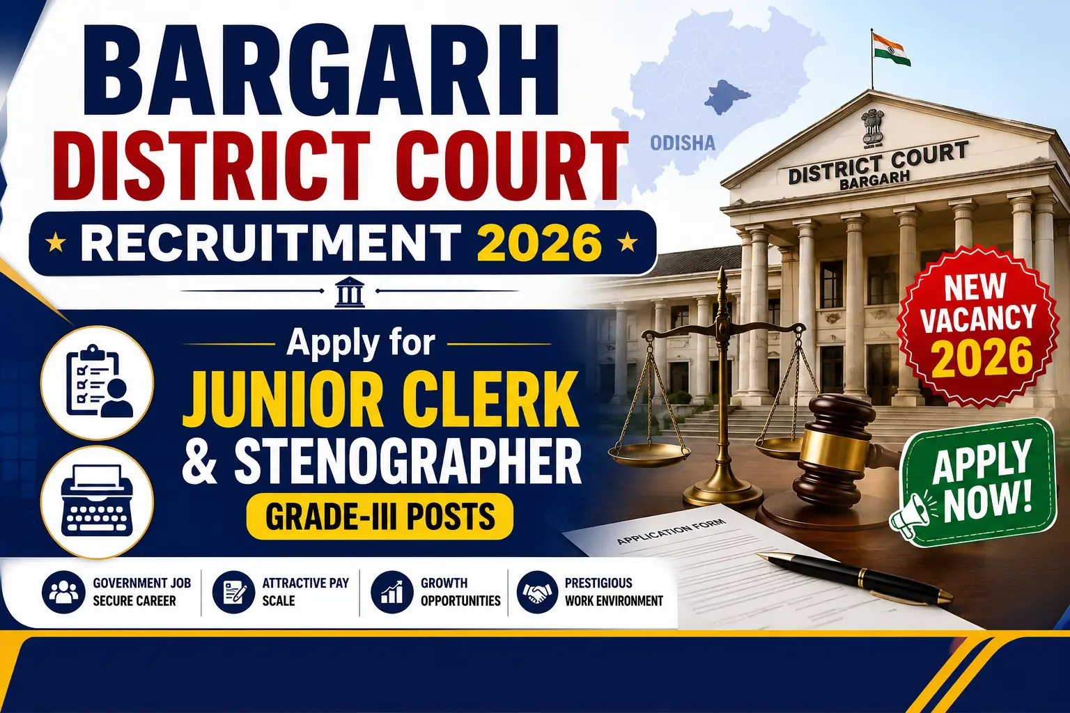 Bargarh District Court Recruitment 2026 Apply for Junior Clerk & Stenographer Grade-III Post