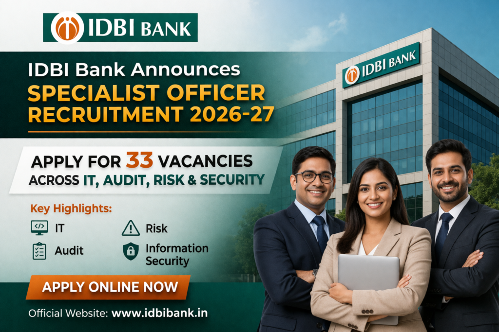 IDBI Bank Announces Specialist Officer Recruitment 2026-27 Apply for 33 Vacancies Across IT, Audit, Risk & Security